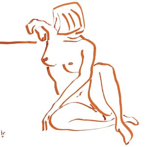 Op de afbeelding: Een oranje lijntekening van een zittende figuur op een witte achtergrond. De figuur is naakt, met vereenvoudigde lijnen die het lichaam en het haar definiëren. Het kunstwerk heeft een minimalistische stijl, met de initialen van de kunstenaar in de linkerbenedenhoek.