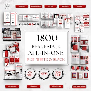 以下が含まれることがあります： 赤、白、黒の不動産マーケティングテンプレート1800種類以上をまとめた画像のコラージュ。テンプレートには、チラシ、名刺、ソーシャルメディア投稿などがあります。"+1800 Real Estate All-In-One Red, White & Black"というテキストが大きく太字で表示されています。