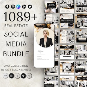 Könnte beinhalten: Ein Social-Media-Bundle für Immobilien mit über 1089 Vorlagen. Das Design zeigt ein beige-schwarzes Marmormotiv. Das Bild enthält Social-Media-Symbole, ein Telefon mit einem Foto einer Frau und verschiedene Social-Media-Posts zum Thema Immobilien.