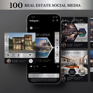 100 Silver & Black realtor instagram posts, Real estate instagram posts, estate marketing templates