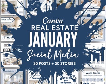 May include: A collage of images promoting Canva social media templates for real estate agents. The images feature various real estate themes, including open houses, new listings, and home staging. The text "Canva Real Estate January Social Media 30 Posts + 30 Stories" is prominently displayed in white text on a blue background.