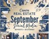 Real Estate Social Media Templates: September 2025, Blue & Gold Canva Posts