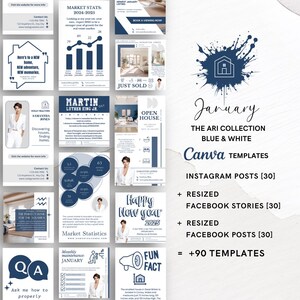 May include: A blue and white Canva template collection for social media featuring the text "January", "The Ari Collection", "Blue & White", "Canva Templates", "Instagram Posts [30]", "+ Resized", "Facebook Stories [30]", "+ Resized", "Facebook Posts [30]", "= +90 Templates".