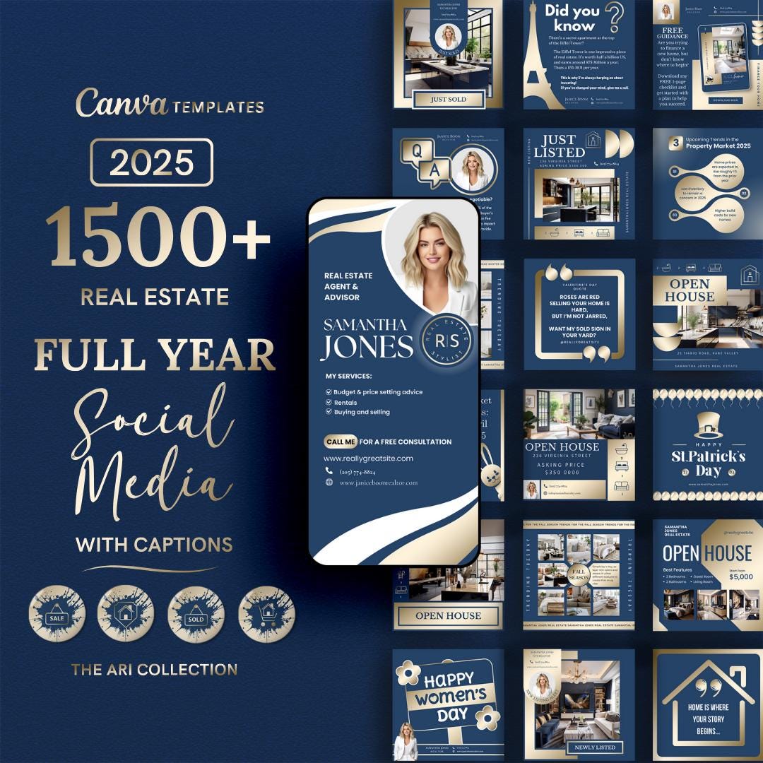 Luxury Real Estate Canva Templates: Blue & Gold Social Media Bundle - Etsy