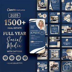 Op de afbeelding: Een verzameling social media-sjablonen voor makelaars. De sjablonen hebben een blauw en gouden kleurenschema met afbeeldingen van huizen en vastgoedgerelateerde afbeeldingen. De tekst "1500+ Real Estate Full Year Social Media with Captions" wordt weergegeven in gouden letters.