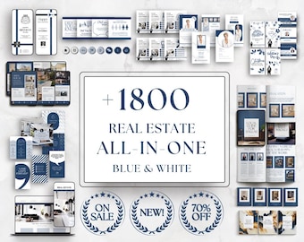 Könnte beinhalten: Eine Sammlung von über 1800 blauen und weißen Immobilien-Marketingvorlagen. Die Vorlagen umfassen Logos, Visitenkarten, Flyer, Social-Media-Grafiken und mehr. Der Text " +1800 Real Estate All-In-One Blue & White " wird in einer großen Schriftart angezeigt.