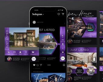 May include: A collection of 100 social media posts for real estate agents. The posts feature photos of homes, text overlays, and contact information. The posts are designed to help real estate agents promote their listings and connect with potential clients.