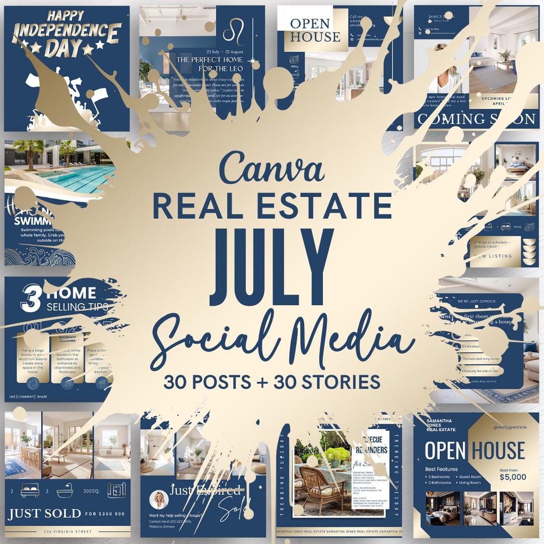 Real Estate Social Media Templates: Blue & Gold Realtor Instagram Posts ...