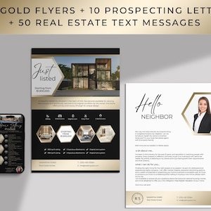 Gold Real estate flyers, realtor text bundle in gold and black, and prospecting letters for real estate farming