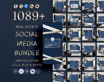 May include: A collection of 1089+ social media graphics for real estate agents. The graphics are in a gold, blue, and white color scheme and feature a variety of designs, including text boxes, images, and icons. The graphics are designed to help real estate agents promote their services and connect with potential clients.