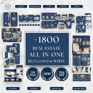 May include: A blue and gold real estate marketing kit with over 1800 templates. The kit includes social media graphics, flyers, business cards, and more. The text "+1800 Real Estate All-In-One Blue, Gold & White" is displayed on a blue background.
