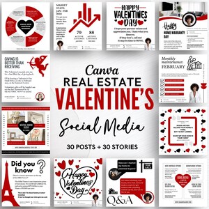 Real Estate Valentine’s day marketing, red and white realtor template, social media posts, social media stories, February real estate