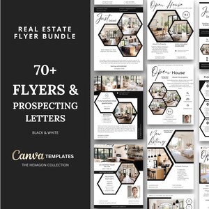 Può includere: Un pacchetto di volantini immobiliari in bianco e nero con il testo "Real Estate Flyer Bundle", "70+ Flyers & Prospecting Letters" e "Canva Templates". I volantini presentano foto di interni e elementi di design esagonali.