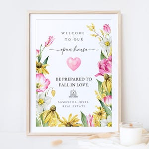 Letrero de bienvenida a la inmobiliaria, hoja de registro de puertas abiertas, inmobiliaria de primavera, inmobiliaria de San Valentín, puertas abiertas de inmobiliaria, letrero de bienvenida al agente inmobiliario