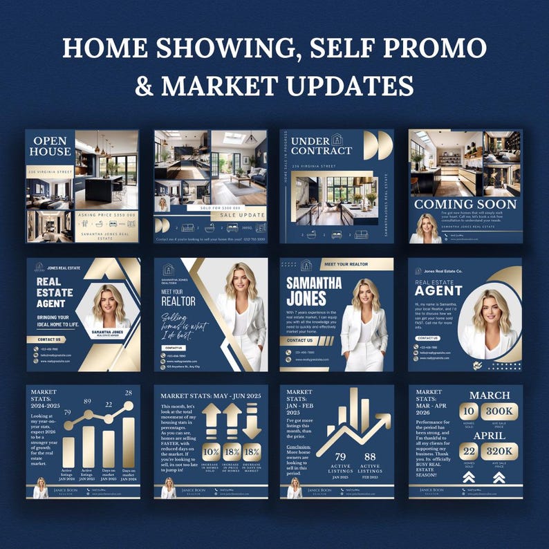 Luxury Real Estate Canva Templates: Blue & Gold Social Media Bundle - Etsy