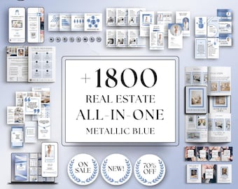 May include: A collection of 1800 real estate marketing templates in a metallic blue color scheme. The templates include flyers, business cards, social media graphics, and more. The text "+1800 Real Estate All-In-One Metallic Blue" is displayed in the center of the image.