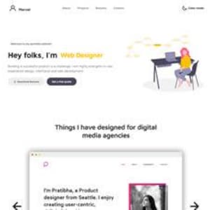 Pode incluir: Um modelo de design de site com uma ilustração rosa e amarela de uma pessoa sentada em uma mesa com um laptop. O texto na página diz "Hey folks, I'm Web Designer" e "Things I have designed for digital media agencies".