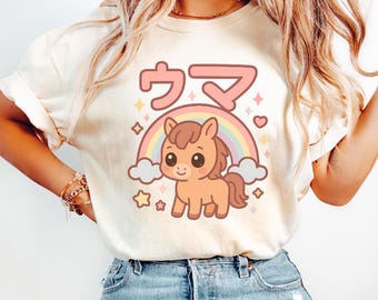 Kawaii paardenshirt, comfortabele kleuren, schattig kawaiishirt, shirt Japans paard, shirt uma-paard, shirt paard, meisje meisje, shirt Japans paard