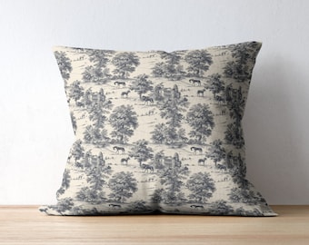 14"X14" Equestrian Throw Pillow With Toile Pattern French Countryside Decor for English Countryside Fox Hunting Decor for Horse Owner