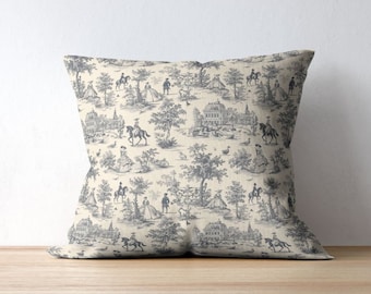 14"X14" Blue Throw Pillow Old English Countryside Accents for French Vintage Pillow Toile Equestrian Decor Classy Horse Pillow Academia