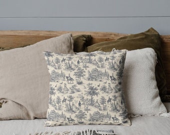 14"X14" Blue Throw Pillow Old English Countryside Accents for French Vintage Pillow Toile Equestrian Decor Classy Horse Pillow Academia