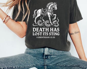 Christelijk shirt, Death Where Is Your Sting bijbelvers shirt, bijbelvers paard shirt, troostkleuren, Jezus paard shirt, Christus paard shirt