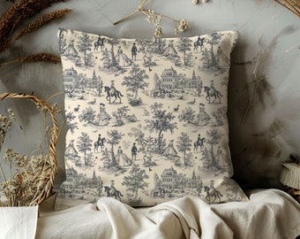 14"X14" Blue Throw Pillow Old English Countryside Accents for French Vintage Pillow Toile Equestrian Decor Classy Horse Pillow Academia