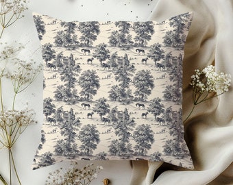 14"X14" Equestrian Throw Pillow With Toile Pattern French Countryside Decor for English Countryside Fox Hunting Decor for Horse Owner