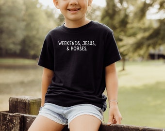 Weekends, Jesus, & Horses Kids Horseback Riding T-Shirt for Horse Kid Birthday Gift for Horse Girl T-Shirt for Equestrian Youth Gift
