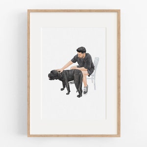 Portret van huisdier en eigenaar, aangepast hondenportret van foto, familieaquarel, handgetekende illustratie, gepersonaliseerde tekening