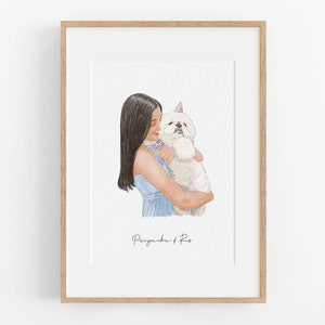 Aangepast portret, huisdier en eigenaar, hondenportret van foto, familieaquarel, handgetekende illustratie, gepersonaliseerde tekening
