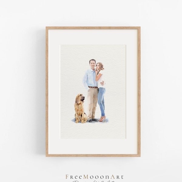 Portrait de couple personnalisé à partir d'une photo, aquarelle, portrait de famille avec animaux de compagnie, cadeau pour amoureux des chiens, commande artistique, cadeaux personnalisés