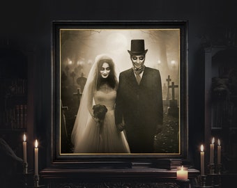 Halloween Wall Art Print, Custom Couple Portrait From Photo, Dark Academia, Witchy Decoration Indoor, Gothic Decor, Skeleton & Bride