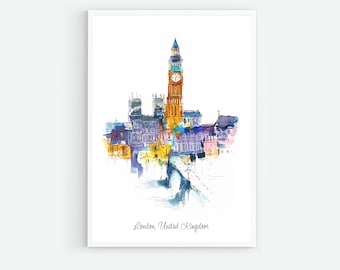 London Watercolor City Print: England Travel Poster