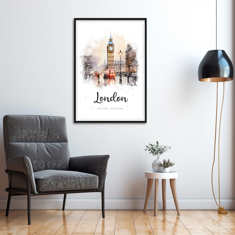 London England Travel Poster, London City Print, United Kingdom Wall Art Decor, Europe Prints, UK Digital Print, London Watercolor Painting image 2