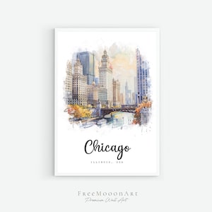Poster di viaggio di Chicago Illinois, stampa della città di Chicago, decorazione da parete dell'Illinois, stampe USA, stampa digitale, pittura ad acquerello di Chicago