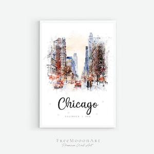 Poster di viaggio di Chicago Illinois, stampa della città di Chicago, decorazione da parete dell'Illinois, stampe USA, stampa digitale, pittura ad acquerello di Chicago