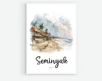 Seminyak Bali Travel Poster, Bali Art Print, Bali Wall Art, Travel Prints, Digital Art, Watercolor Painting, Asia Travel Gift