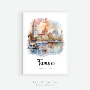 Tampa Florida Travel Gifts, Tampa City Print, Florida Wall Art Print, USA Digital Prints, Tampa Watercolor Painting, Florida Travel Poster