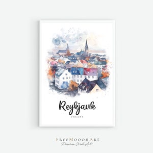 Poster di viaggio Reykjavík Islanda, stampa della città di Reykjavík, arte murale stampabile, stampe dell'Europa, arte digitale, pittura ad acquerello, regalo di viaggio