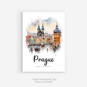 Póster de viaje de Praga, Impresión de la ciudad de Praga, Arte mural imprimible de la República Checa, Impresiones de Europa, Arte digital, Pintura de acuarela de Praga
