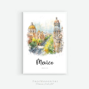 Mexico City Travel Poster, Mexico City Print, Mexico Wall Art Printable, Digital Prints, Mexico Watercolor Painting, Architecture Print
