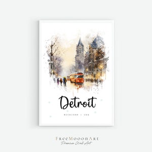 Detroit Michigan Travel Poster, Detroit City Print, Michigan Wall Art Decor, USA Prints, Digital Print, Detroit Watercolor Painting
