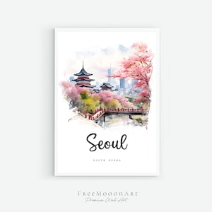 Seoul South Korea Travel Poster, Seoul City Print, Korea Wall Art Printable, Digital Prints, Seoul Watercolor Painting, Architecture Print