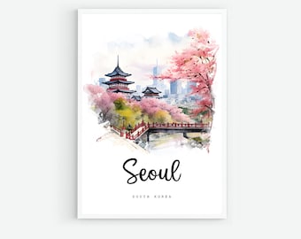 Seoul South Korea Travel Poster, Seoul City Print, Korea Wall Art Printable, Digital Prints, Seoul Watercolor Painting, Architecture Print