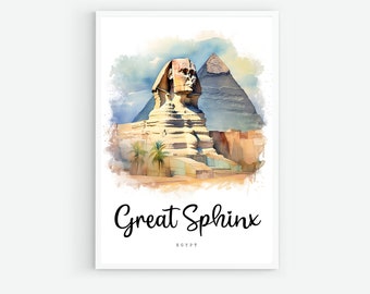 Great Sphinx of Giza Travel Poster, Cairo City Print, Egypt Wall Art, Digital Prints, Cairo Watercolor Painting, Egyptian Pyramids