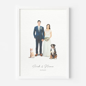 First Anniversary Wedding Portrait Custom Painting From Photo Gifts For Wife & Husband Couple Illustration With Pets Family Gift