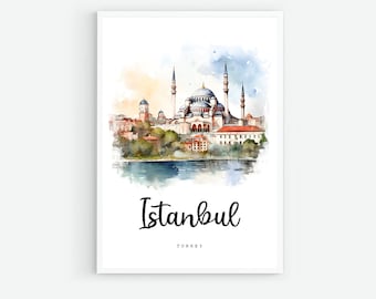 イスタンブール トルコ 旅行ポスター、イスタンブール シティ プリント、トルコ ウォールアート、ヨーロッパ プリント、デジタルアート、イスタンブール 水彩画、旅行ギフト