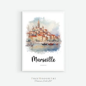 Póster de viaje de Marsella, Francia, impresión de la ciudad de Francia, arte mural de Marsella, impresiones de Europa, arte digital, acuarela, regalos de viaje