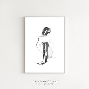 Arte de pared en blanco y negro, Arte de bocetos, Impresión de arte lineal, Pintura melancólica, Decoración de habitación minimalista, Dibujo lineal simple, Monocromo